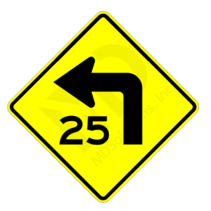 W1-1a Left Turn with Advisory Speed Sign