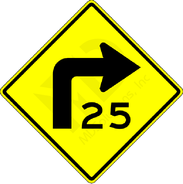 W1-1a Right Turn with Advisory Speed Sign