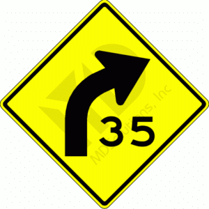W1-2a Right Curve with Advisory Speed Sign